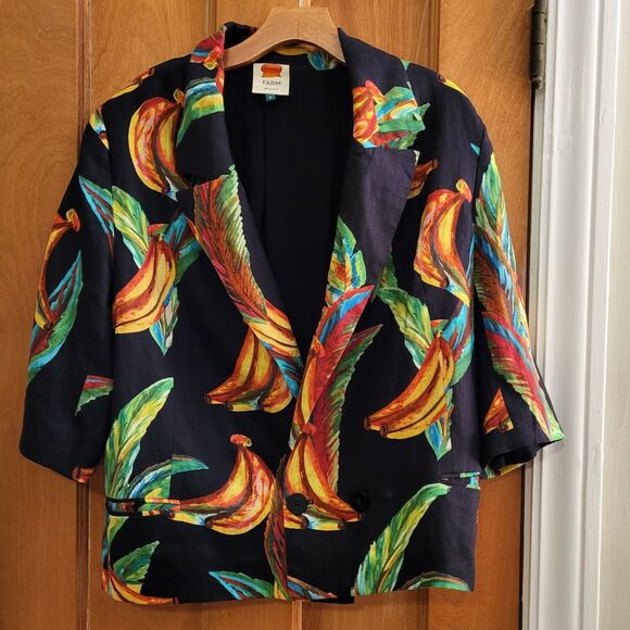 Farm Rio Preta Banana Double Breasted 100% Linen Jacket, Statement Piece, Sz M - Picture 5 of 8